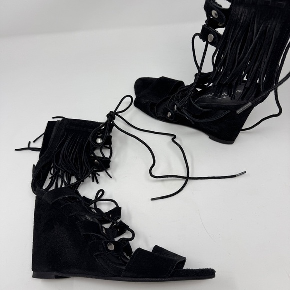 Free People Solstice Suede Fringe Wedge Sandals Black - Picture 6 of 16